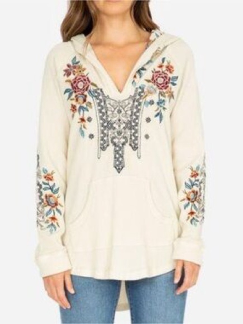 Johnny Was Eleni Embroidered Hoodie Size Medium Boho Floral Pullover Floral